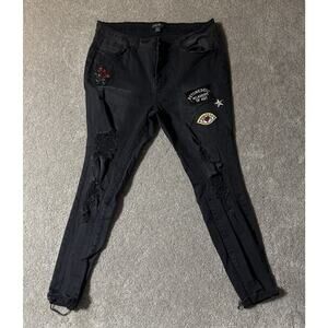 Forever 21 Plus 90s Y2K Jeans Patches Distressed Sz 14 Witchy Faded Black Grunge